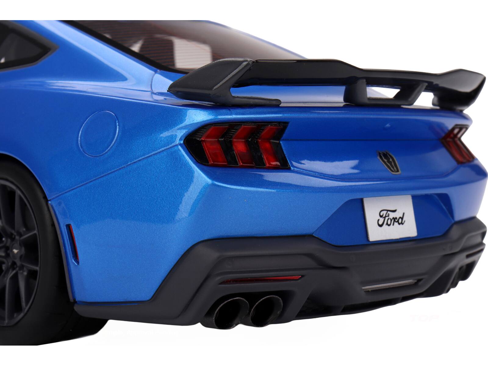 Back. Top Speed - 2024 Ford Mustang Dark Horse Grabber Blue Metallic with Black Hood Stripes 1/18 Model Car by Top Speed - Blue Metallic with Black.