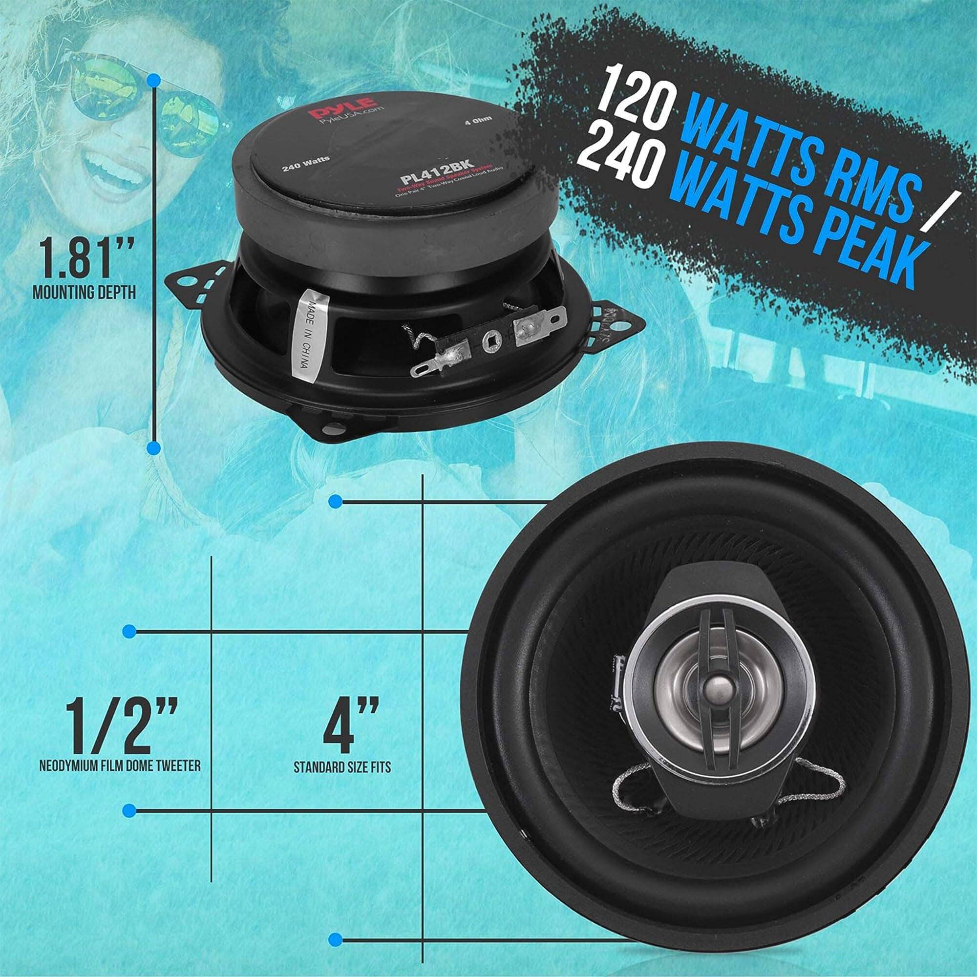 1.81" MOUNTING DEPTH  
1/2" NEODYMIUM FILM DOME TWEETER  
4" STANDARD SIZE FITS  
120 WATTS RMS / 240 WATTS PEAK  
MADE IN CHINA