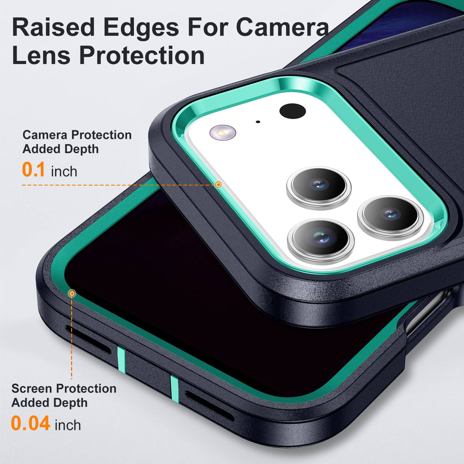 Raised Edges For Camera Lens Protection

Camera Protection Added Depth 0.1 inch

Screen Protection Added Depth 0.04 inch