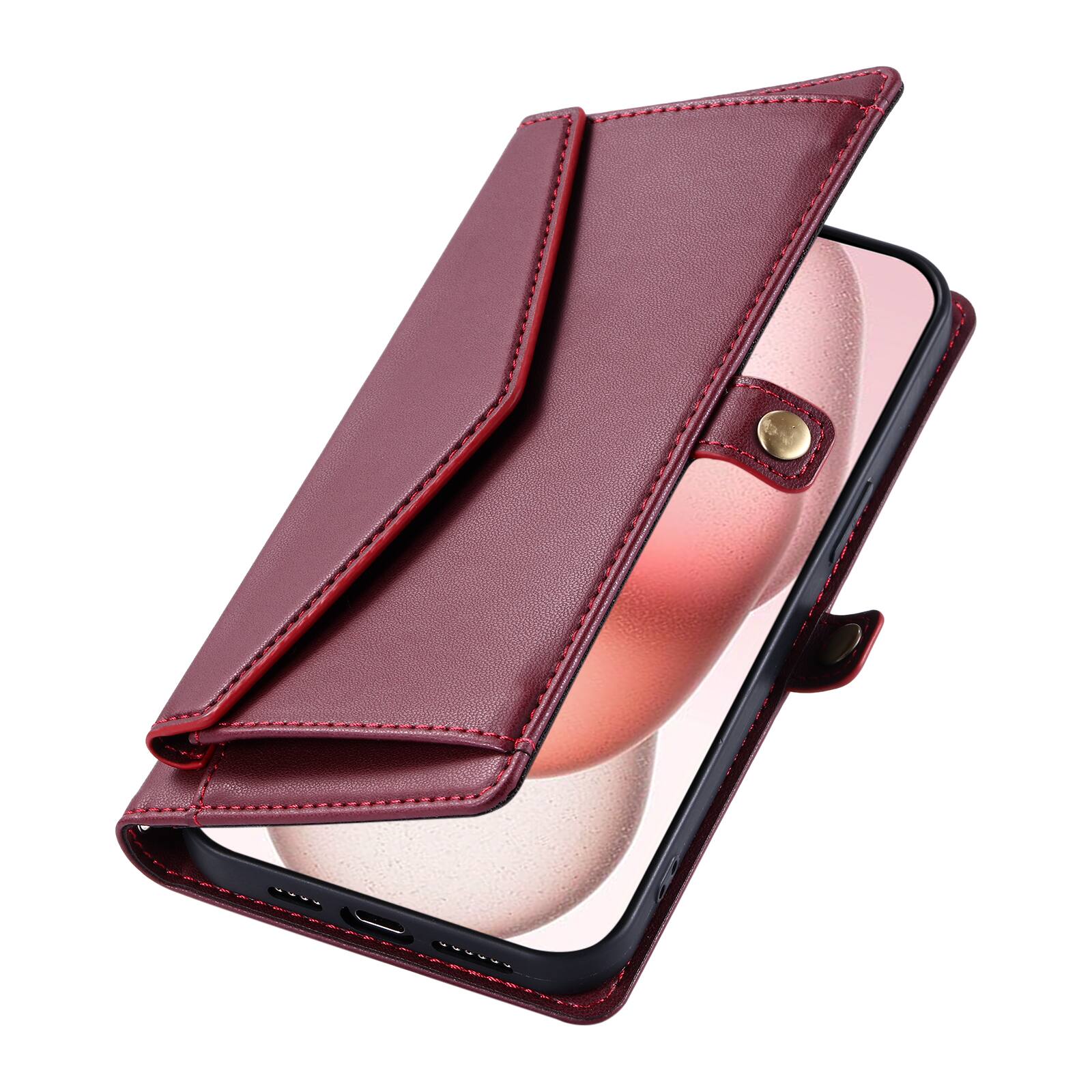 Left. Dteck - Foilo Wallet Case for Apple iPhone 17 Pro,Shockproof Card Holder PU Leather Magnetic Snap Phone Cover with Lanyard - Winered.