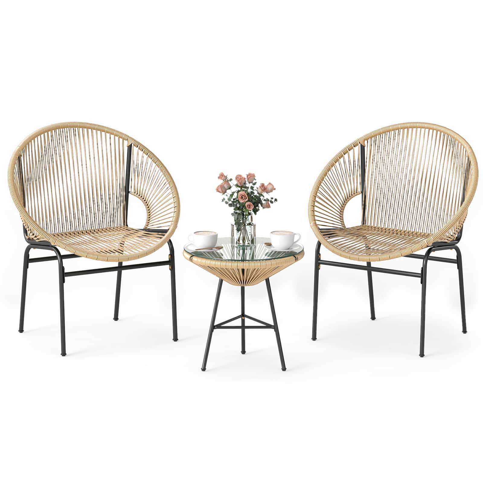 Gymax - 3-Piece Wicker Patio Bistro SetOutdoor Acapulco Chairs and Tempered Glass Table - Brown