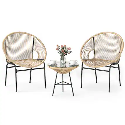 Front. Gymax - Gymax 3-Piece Wicker Patio Bistro SetOutdoor Acapulco Chairs and Tempered Glass Table - Brown.