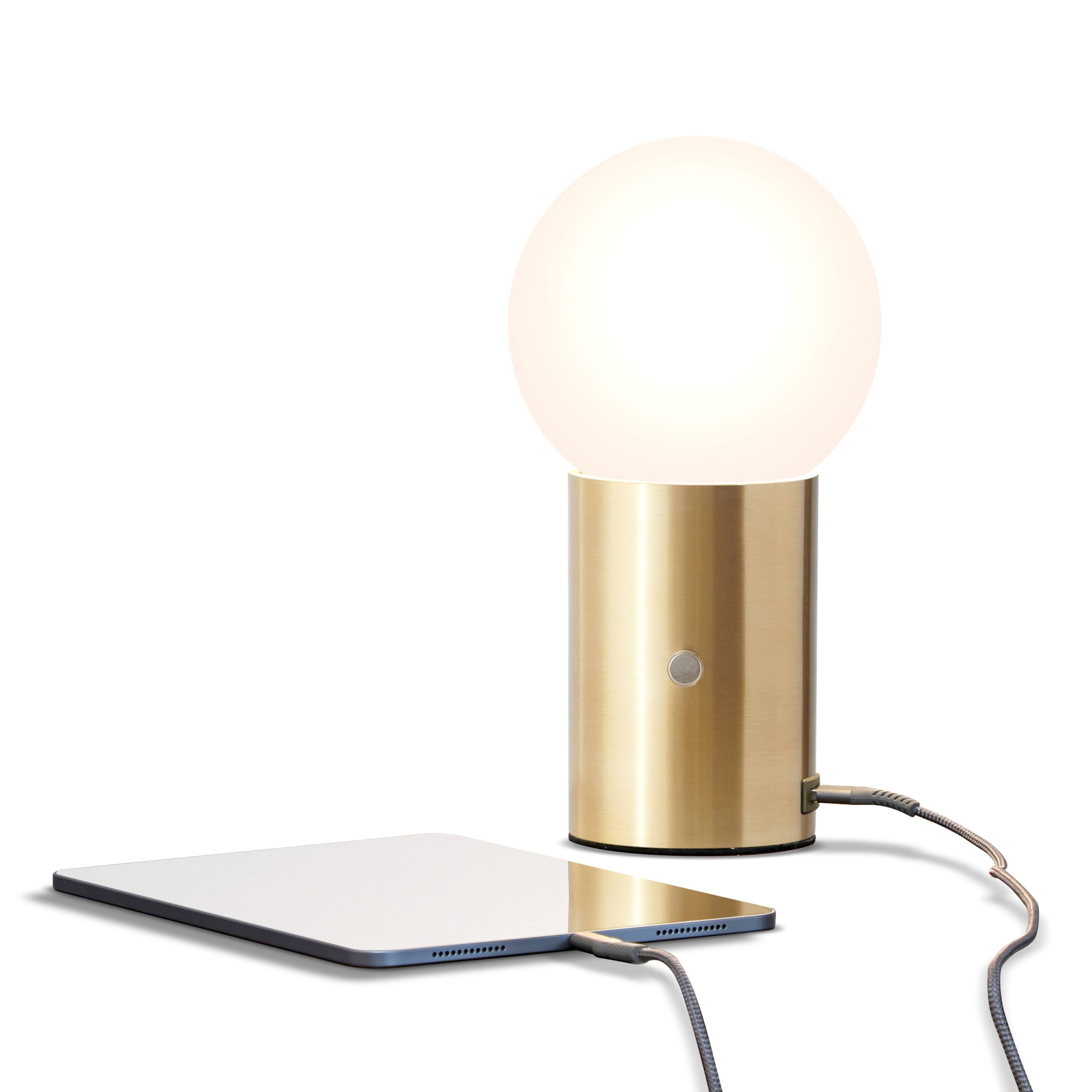 Front. Brightech - Kai LED Modern Contemporary Round Globe Dimmable Bedside Nightstand Desk Lamp with Fast Charging USB Port - Antiqued Brass.