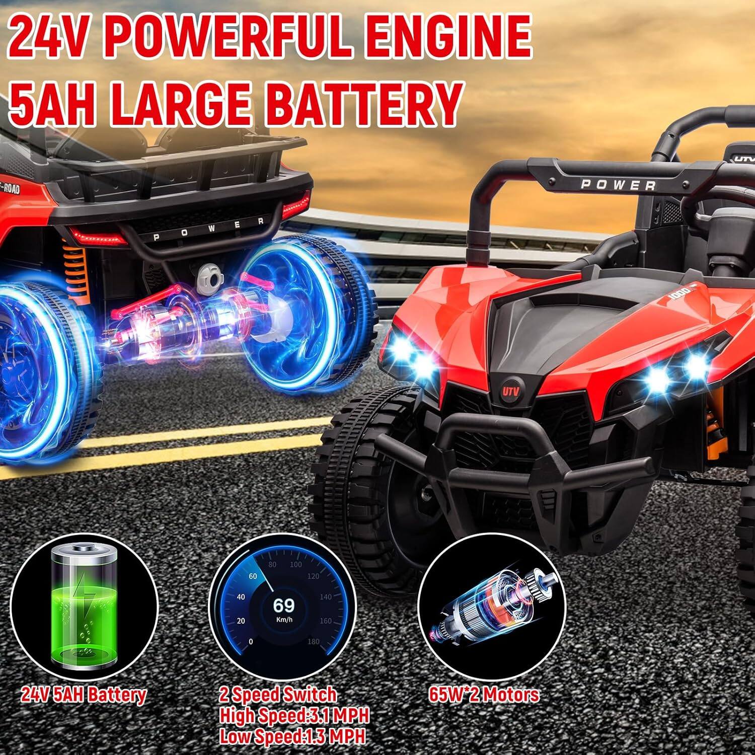 24V POWERFUL ENGINE  
5AH LARGE BATTERY  

- 24V 5AH Battery  
- 2 Speed Switch  
  - High Speed: 3.1 MPH  
  - Low Speed: 1.3 MPH  
- 65W 2 Motors