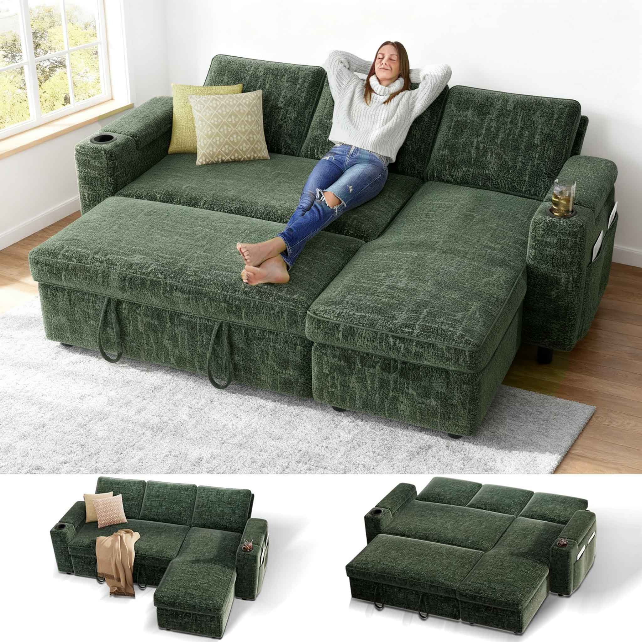 Front. Dyonery - Dyonery 82" Sleeper Sofa Bed, 3-in-1 L-Shaped Reclining Couch with Reversible Storage Chaise, Tool-Free Assembly, Green - Green.