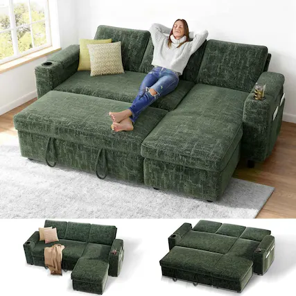 Front. Dyonery - Dyonery 82" Sleeper Sofa Bed, 3-in-1 L-Shaped Reclining Couch with Reversible Storage Chaise, Tool-Free Assembly, Green - Green.