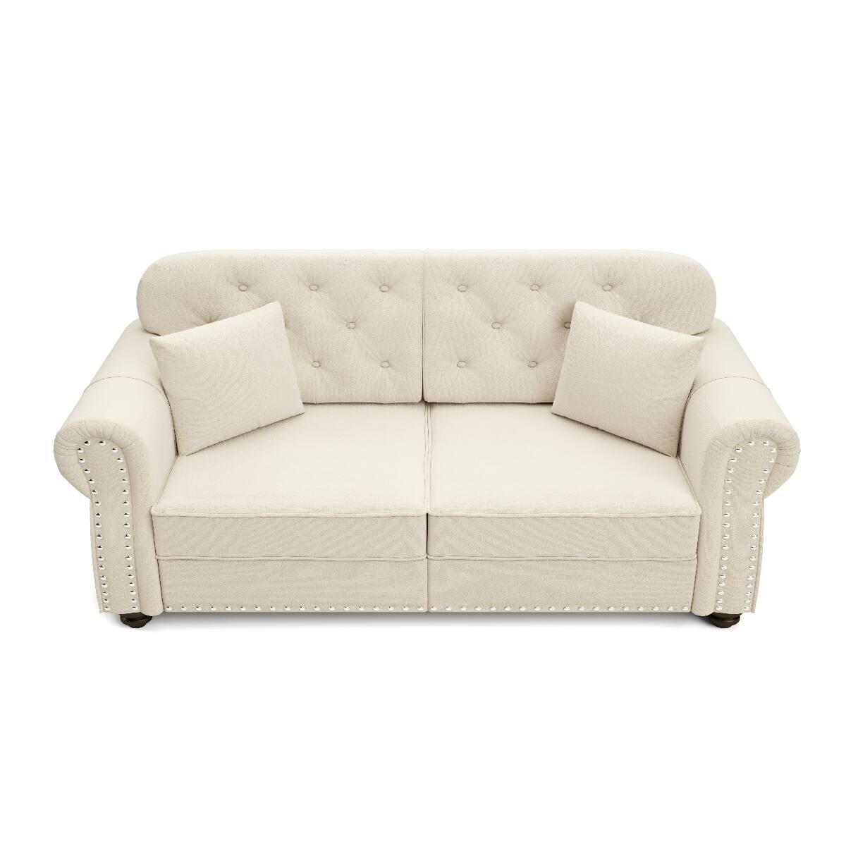 Alt View 8. Ropilly - Ropilly 63 Inch Velvet Loveseat Sofa Button Tufted Chesterfield Style with Rolled Arms Nailhead Trim and 2 Pillows - Beige White.