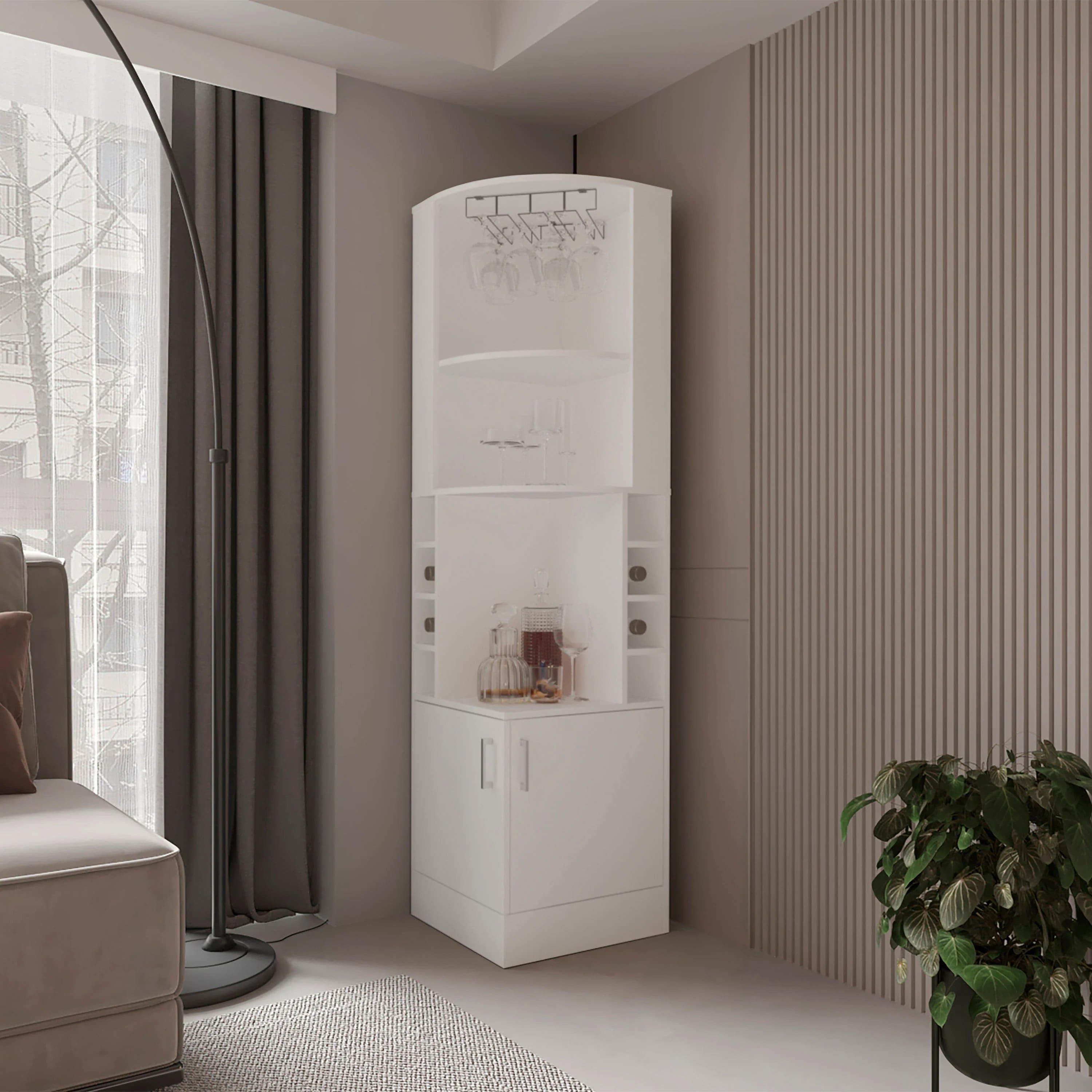 TinyHomie - White Corner Bar Cabinet with Wine Storage and Glass Rack