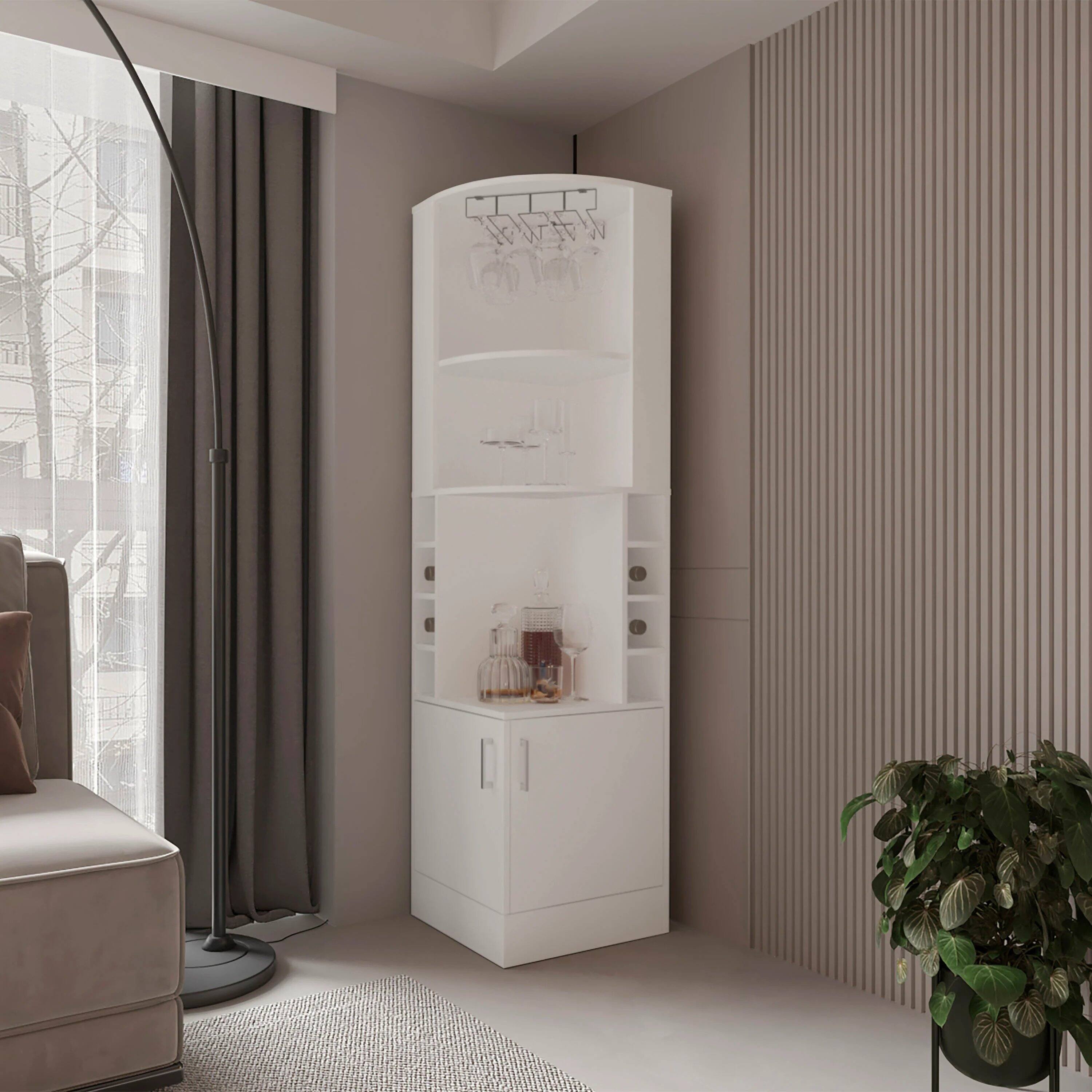 Front. TinyHomie - White Corner Bar Cabinet with Wine Storage and Glass Rack.