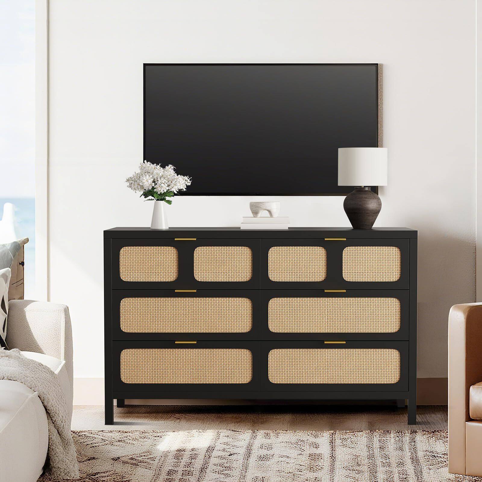 Alt View 6. Jojoka - 6 Drawer Dresser, Rattan Dresser for Bedroom with Metal Handles, Farmhouse Wood Storage Chest - Brown.