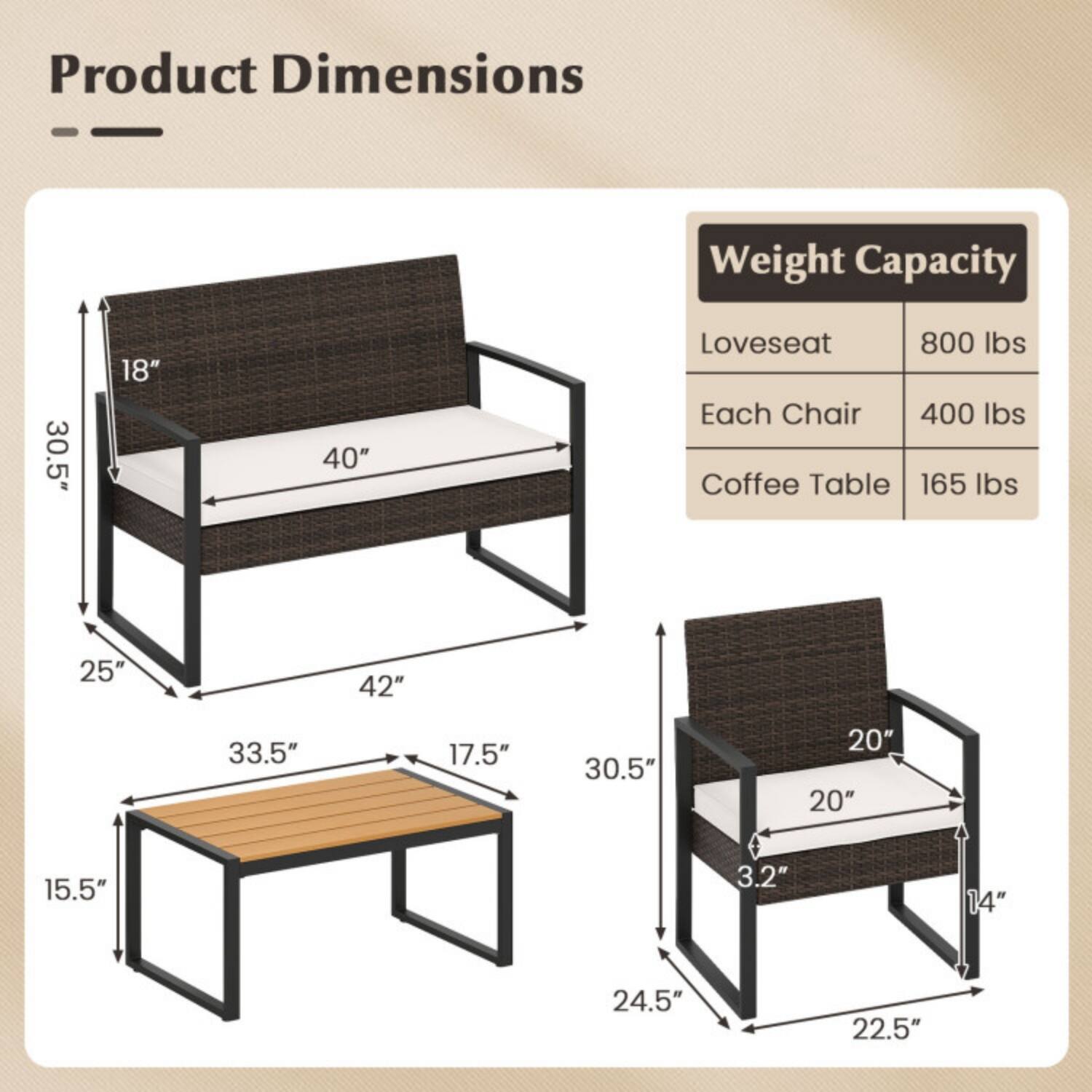 Product Dimensions  
Weight Capacity  

Loveseat:  
- Height: 30.5"  
- Width: 40"  
- Depth: 25"  
- Seat Height: 18"  
- Seat Depth: 42"  
- Armrest Height: 33.5"  
- Armrest Width: 17.5"  

Each Chair:  
- Height: 30.5"  
- Width: 20"  
- Depth: 20"  
- Seat Height: 14"  
- Seat Depth: 22.5"  
- Armrest Height: 3.2"  

Coffee Table:  
- Height: 15.5"  
- Width: 33.5"  
- Depth: 24.5"  

Weight Capacity:  
- Loveseat: 800 lbs  
- Each Chair: 400 lbs  
- Coffee Table: 165 lbs