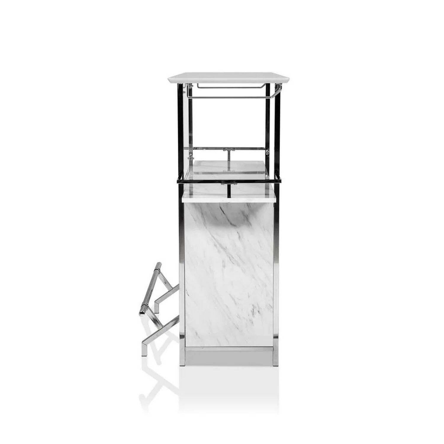 Alt View 2. Manhattan Lane - Bar Table with Faux Marble and Chrome Finish, White and Silver - White, Silver.