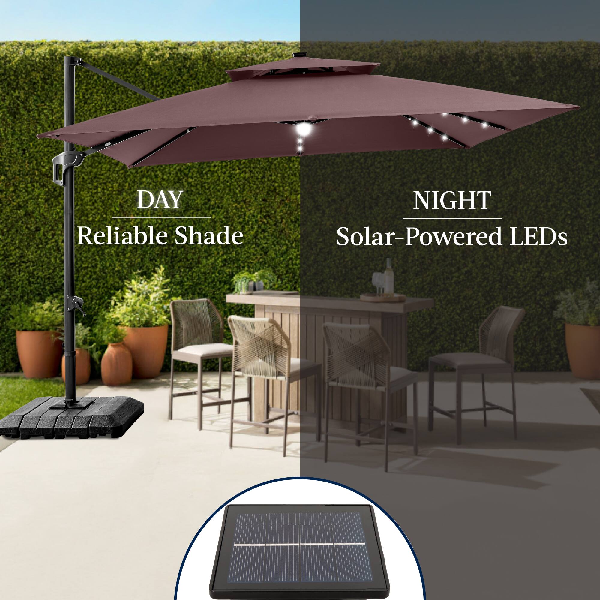 DAY  
Reliable Shade  

NIGHT  
Solar-Powered LEDs