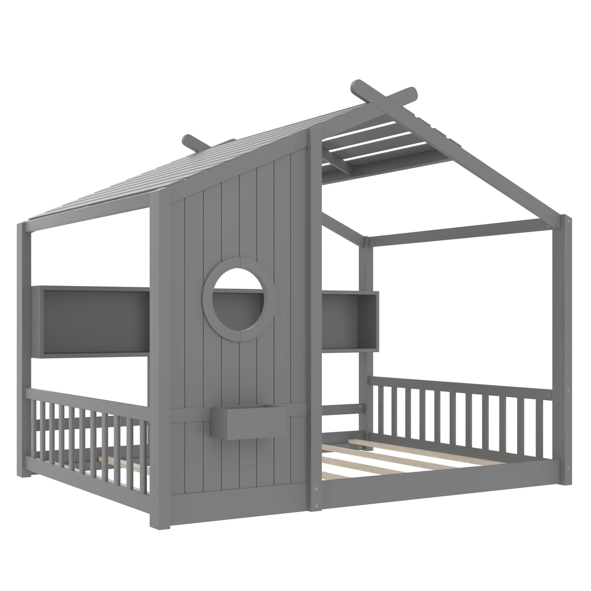 Alt View 1. GOODSILO - Montessori Floor House Bed for Toddlers with Storage Shelf and Playhouse Roof Design - Gray.