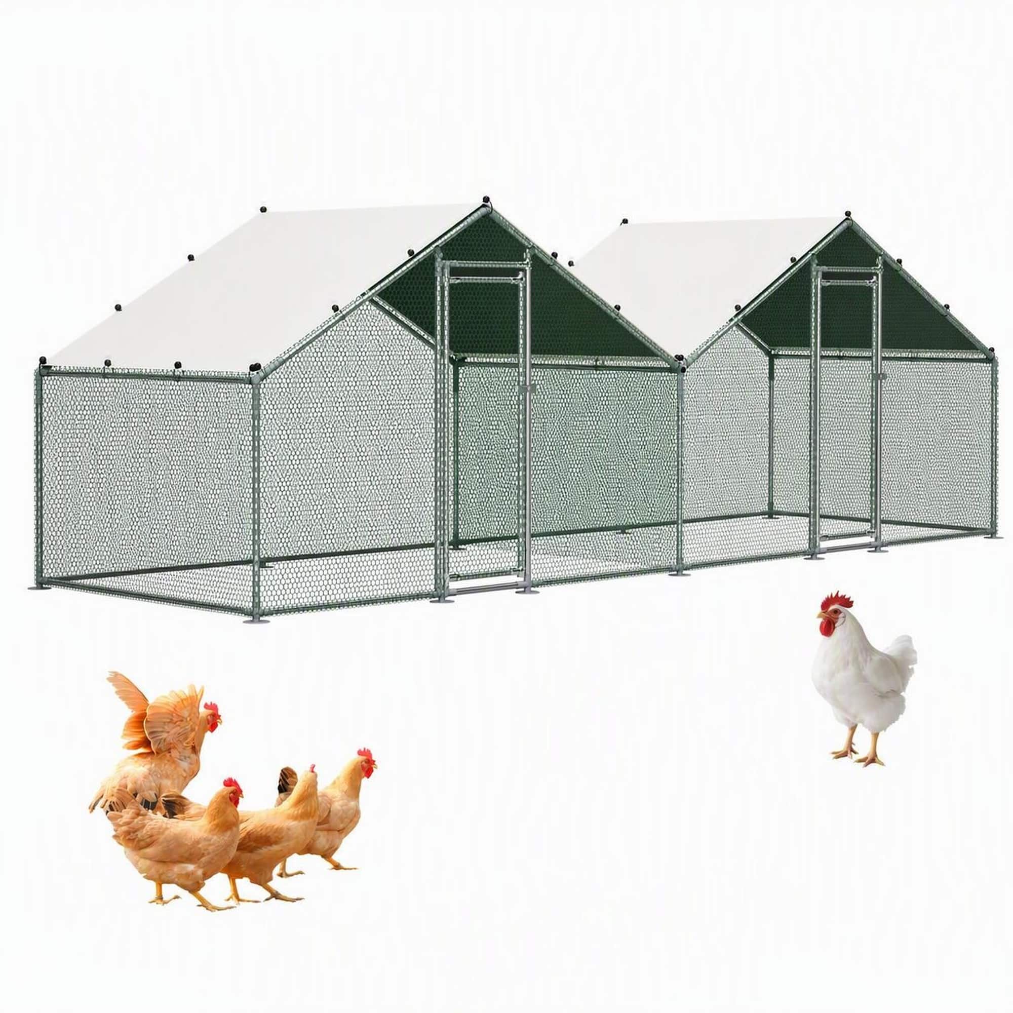 RYHNUYNE - Walk-In Chicken Coop 6x20 ft Metal Poultry Cage, Dual-Zone Design & Weatherproof Double Peak Roof