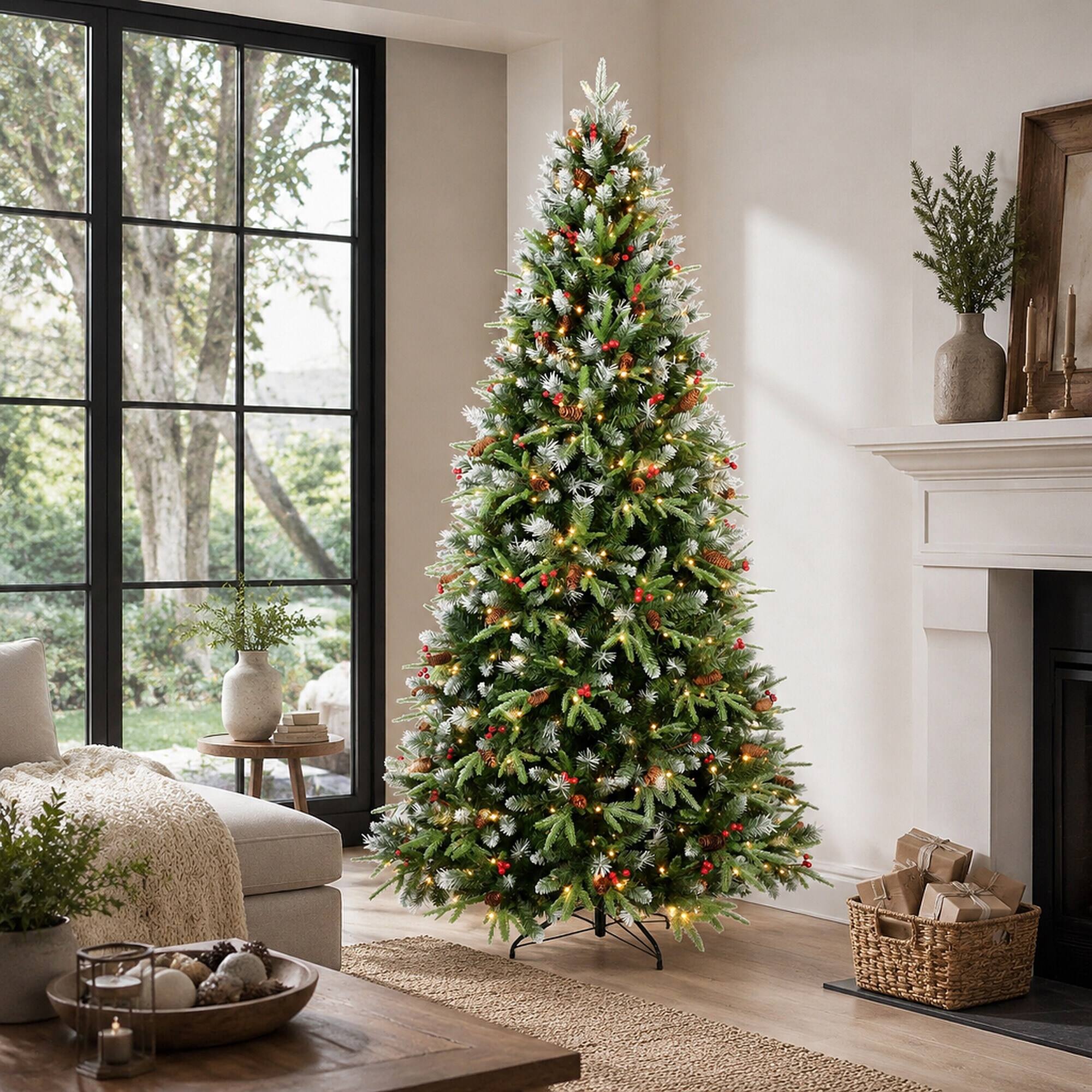 Back. RYHNUYNE - 7FT Pre-Lit Christmas Tree,450 Warm White LED Lights 2178 Snow-Tipped Branches Red Berries Pine Cones Metal Stand - Green,White.