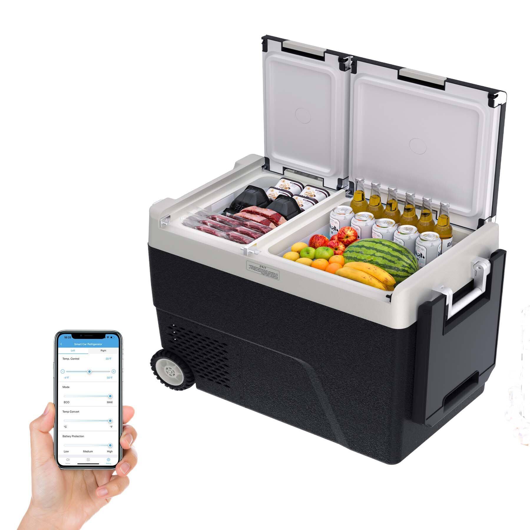 Acekool - 51QT 12V Portable Car Fridge Freezer - Dual Zone App Control Wheels AC/DC/4 Power Modes (-4℉-68℉) - Black