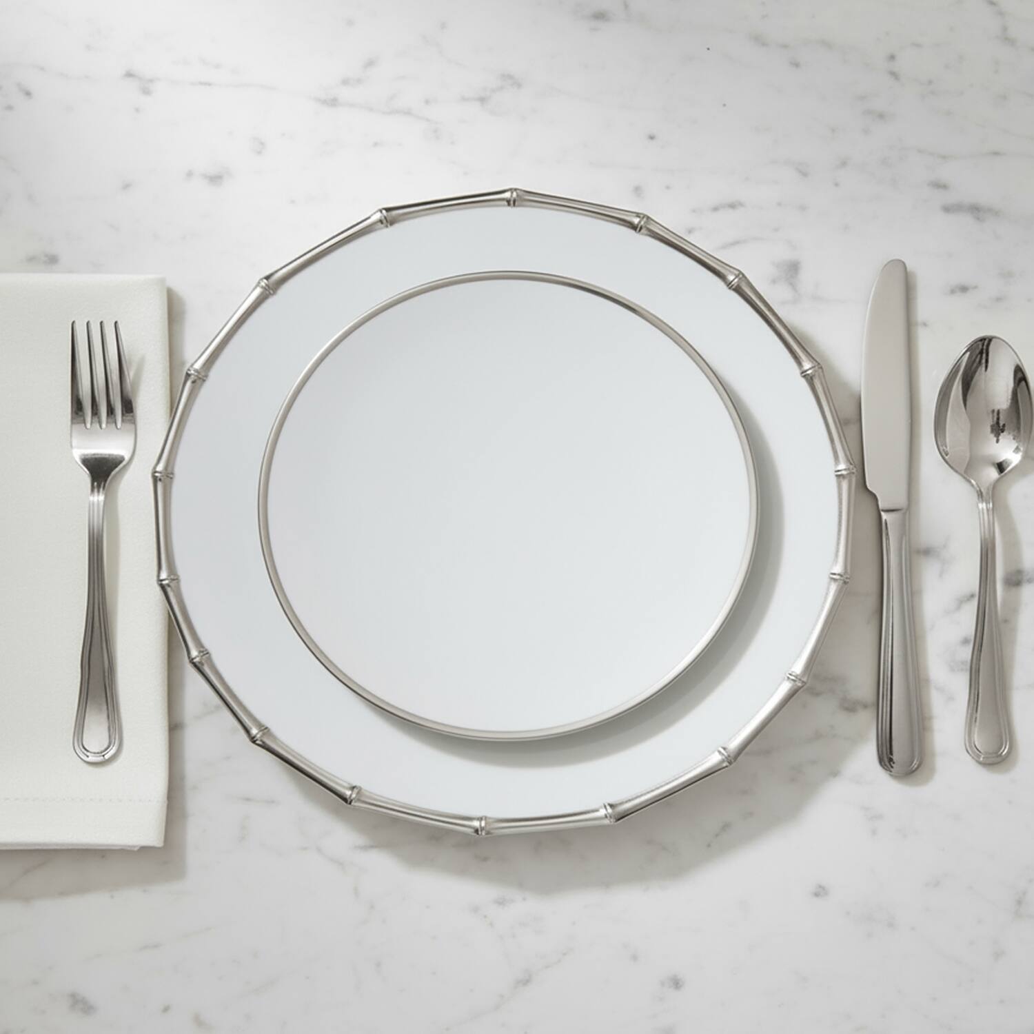 Left. American Atelier - Bamboo White & Silver Plated Set of 4 Charger Plates 13"D - Silver.