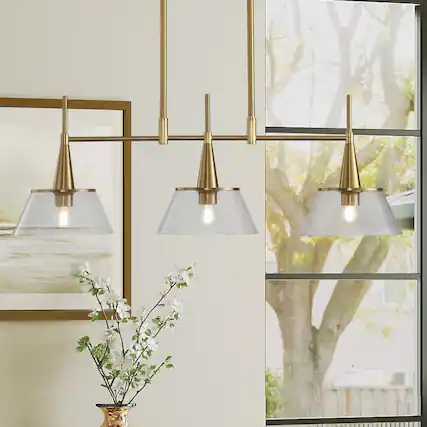 Front. RYHNUYNE - 3-Light Brass Kitchen Island Pendant 34 Inch Modern Linear Chandelier with Clear Seed Glass Shades.