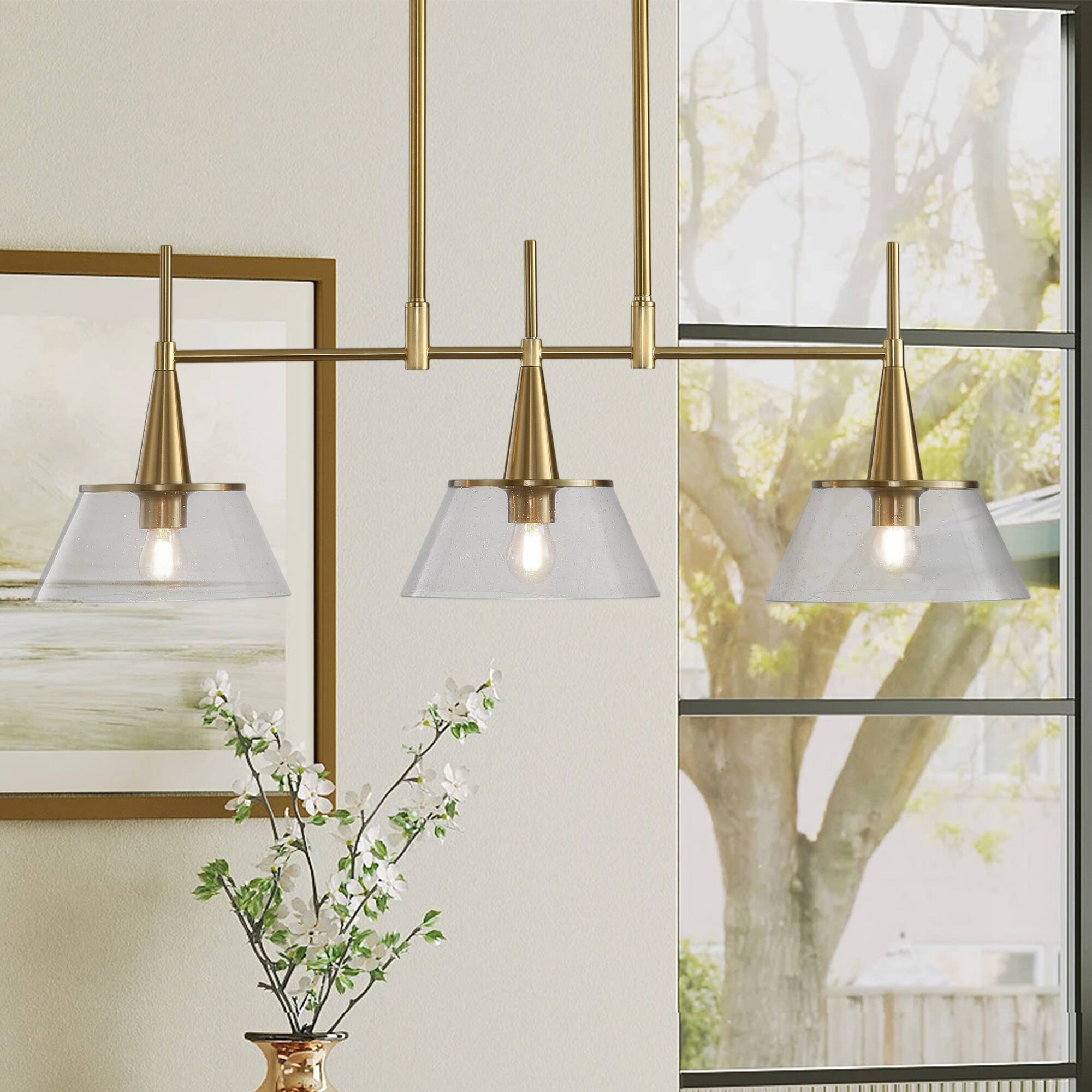 Front. RYHNUYNE - 3-Light Brass Kitchen Island Pendant 34 Inch Modern Linear Chandelier with Clear Seed Glass Shades.