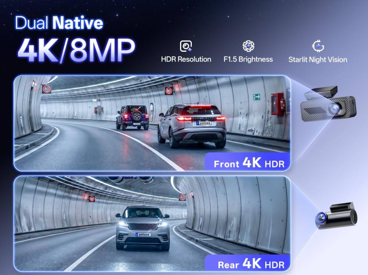Dual Native 4K/8MP HDR Resolution F1.5 Brightness Starlit Night Vision

Front 4K HDR

Rear 4K HDR