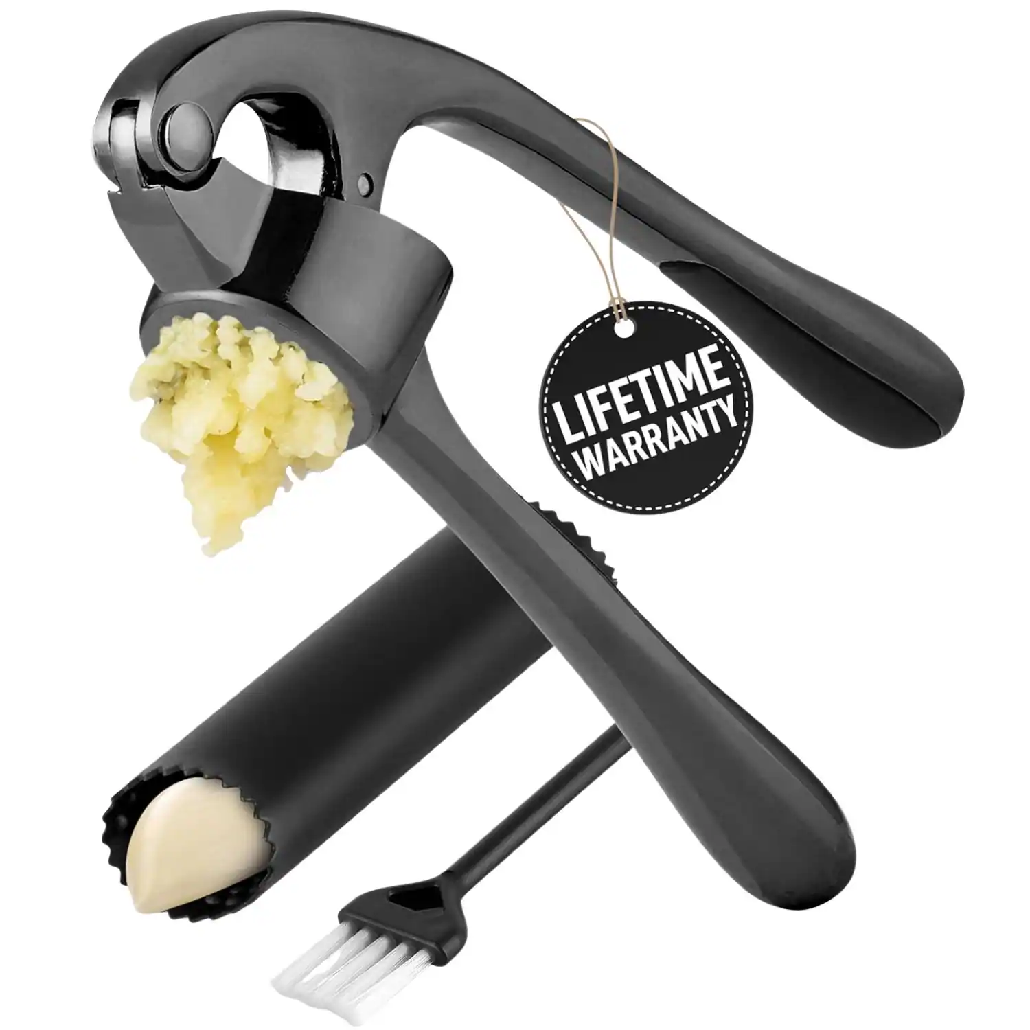 Zulay Kitchen - Premium Garlic Press with Soft, Easy to Squeeze Handle - Includes Silicone Garlic Peeler & Cleaning Brush - Dark Gray