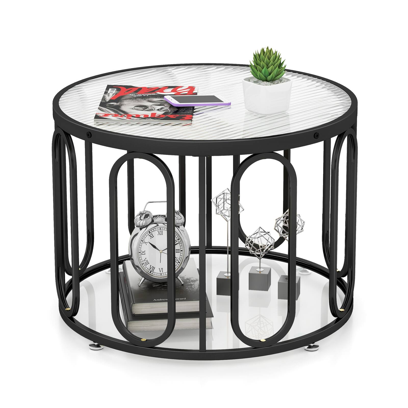 Ecooso - 24 Inch Round Coffee Table with Reeded Tempered Glass Top and Swivel Brackets, Modern Design - Black