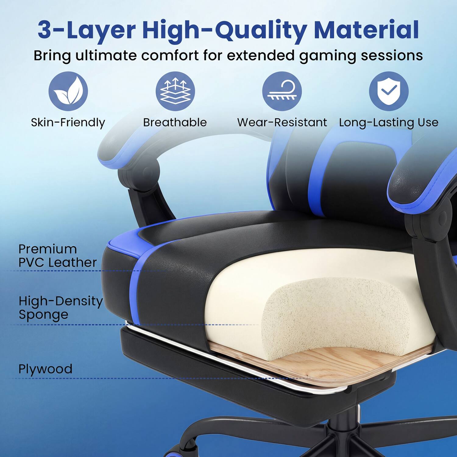 3-Layer High-Quality Material  
Bring ultimate comfort for extended gaming sessions

Skin-Friendly  
Breathable  
Wear-Resistant  
Long-Lasting Use

Premium PVC Leather  
High-Density Sponge  
Plywood