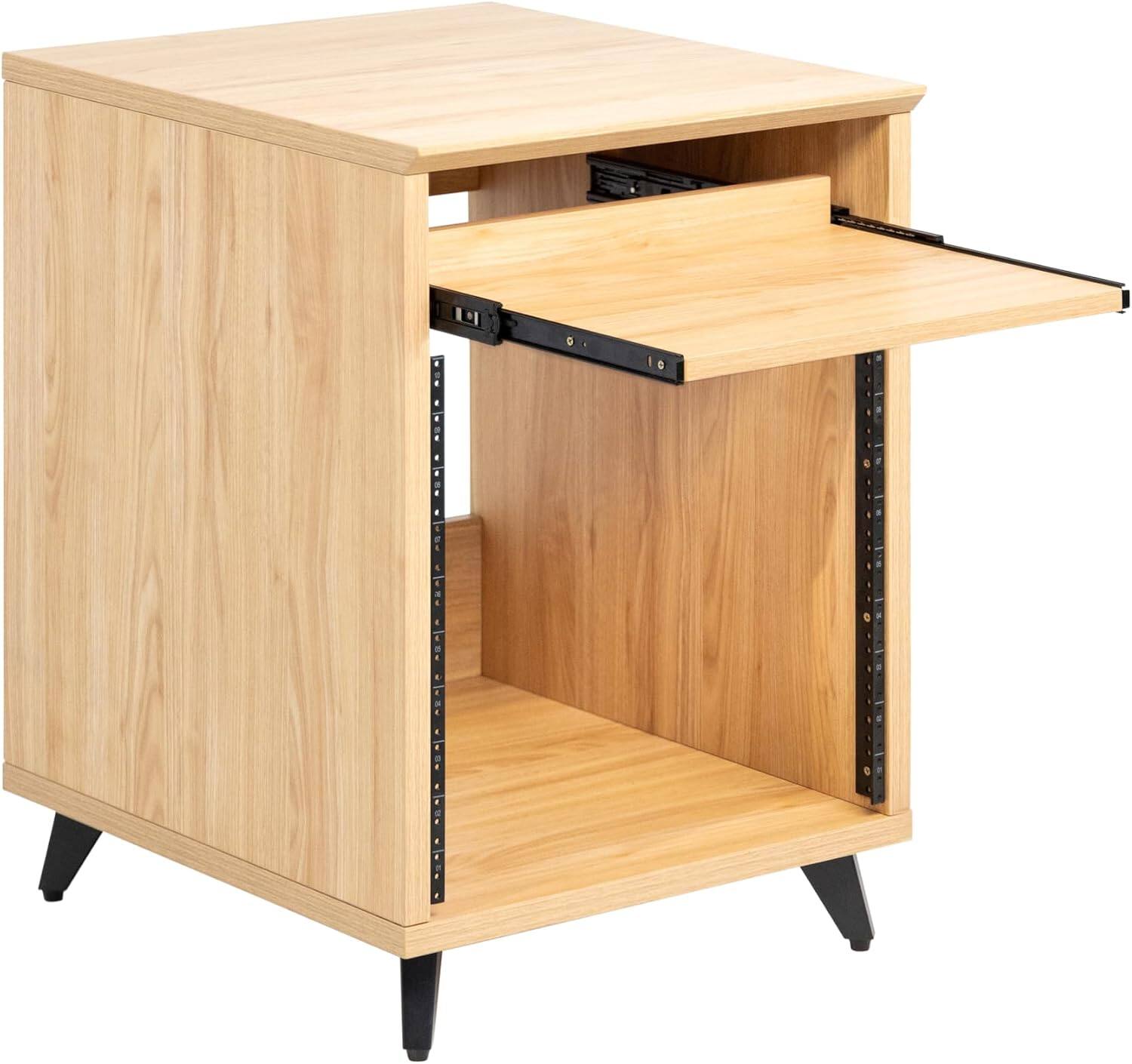 Angle. Gator Frameworks - Elite Furniture Series 10U Studio Rack Table in Natural Maple with Slide-Out Tray - Natural Maple Matte Finish.