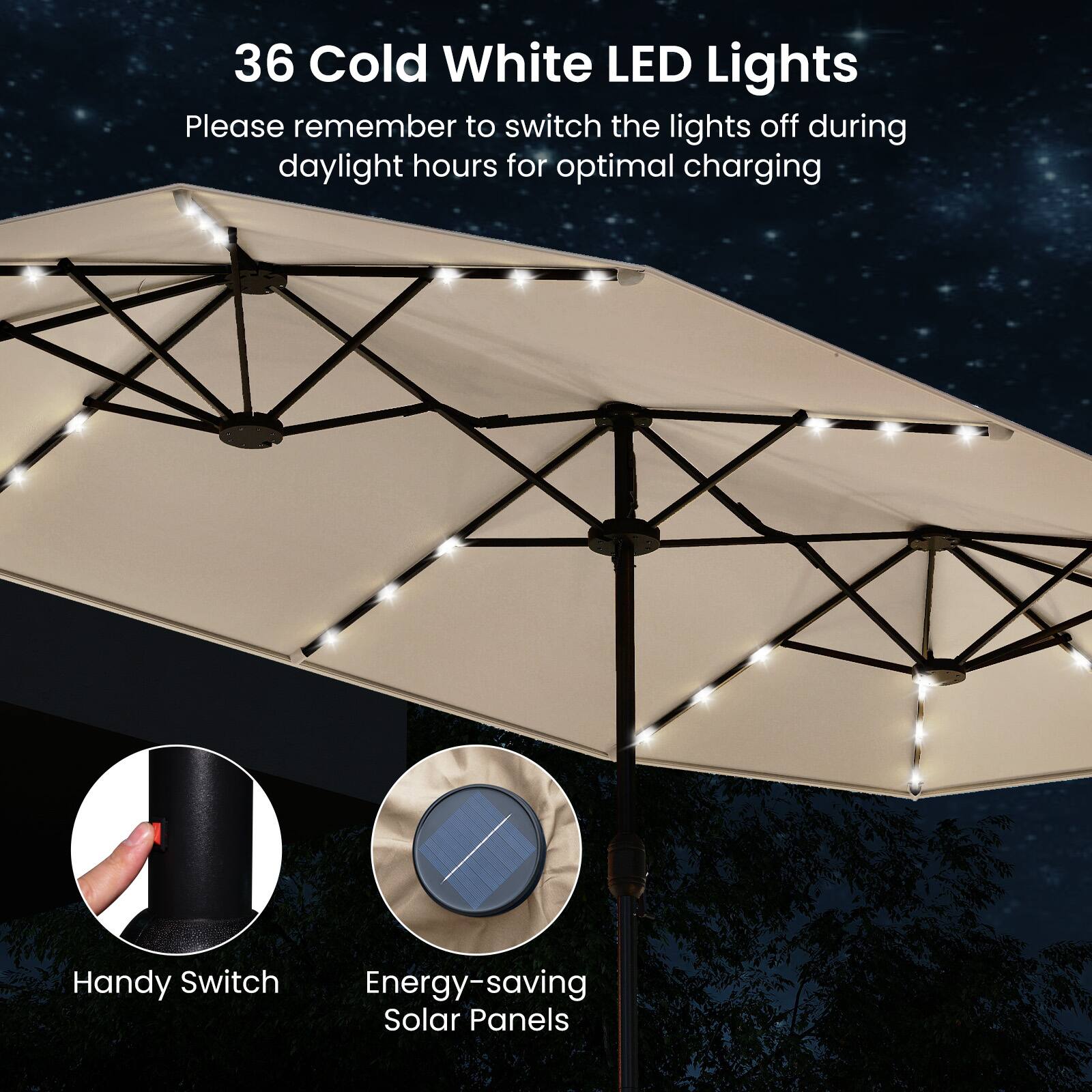 36 Cold White LED Lights  
Please remember to switch the lights off during daylight hours for optimal charging  

Handy Switch  
Energy-saving Solar Panels