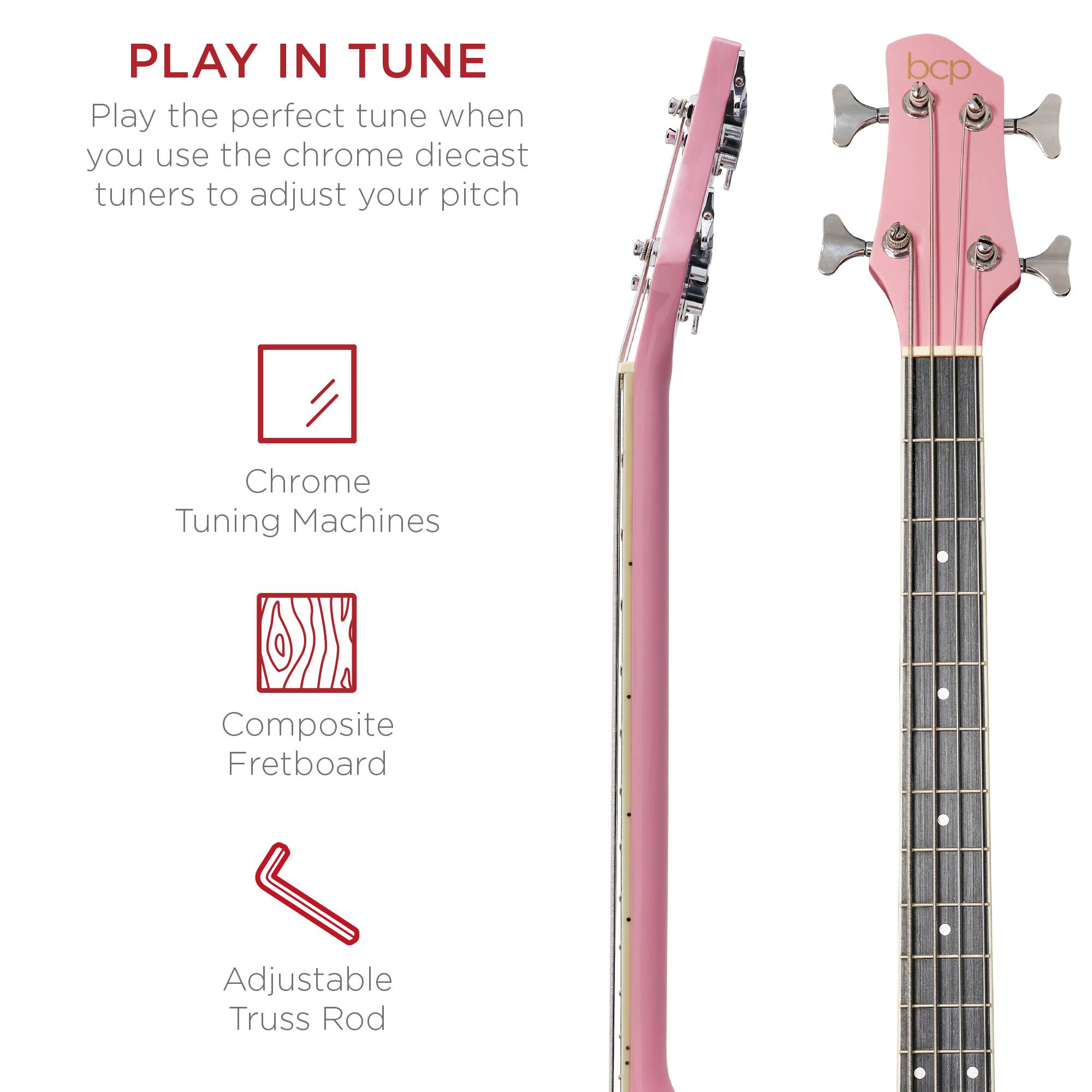 PLAY IN TUNE  
Play the perfect tune when you use the chrome diecast tuners to adjust your pitch  

- Chrome Tuning Machines  
- Composite Fretboard  
- Adjustable Truss Rod