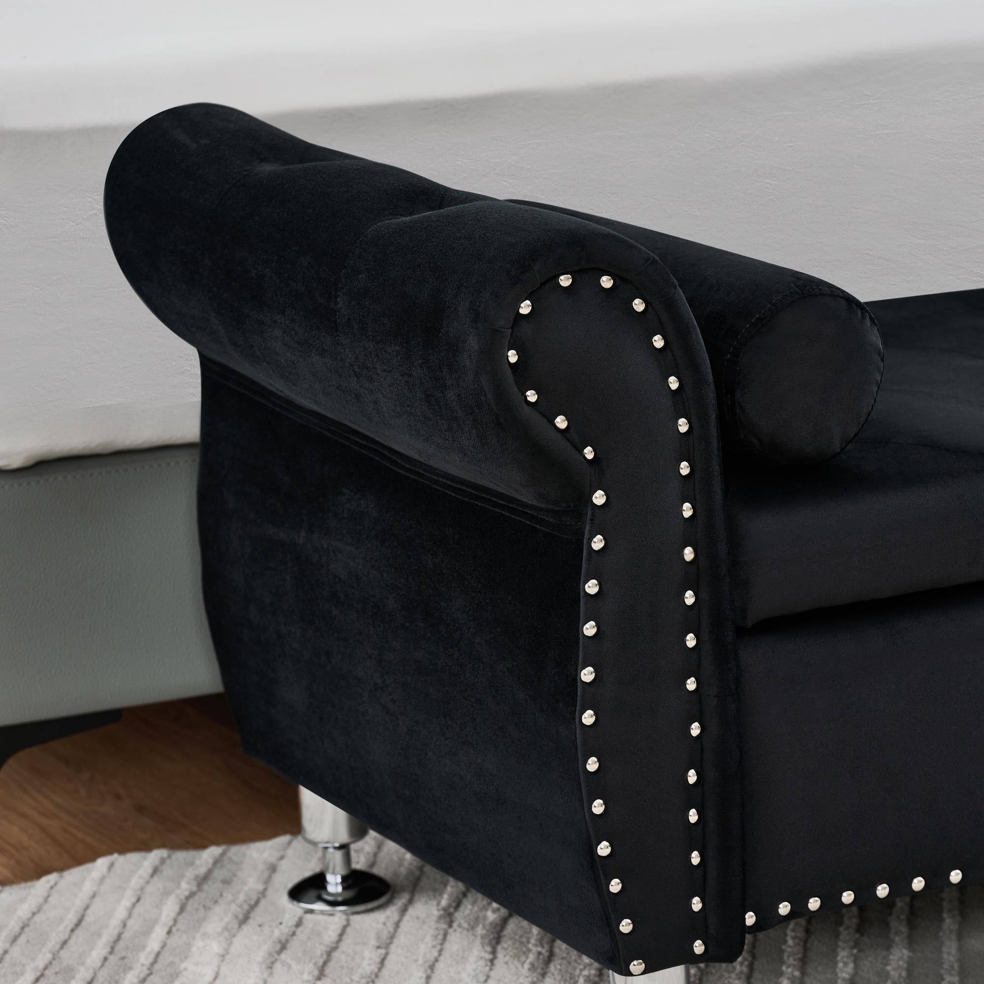 Alt View 5. Boyel Living - 62.2In Black Velvet Storage Bench w Crystal Buttons&Pillow for Bedroom Living Room - Black.