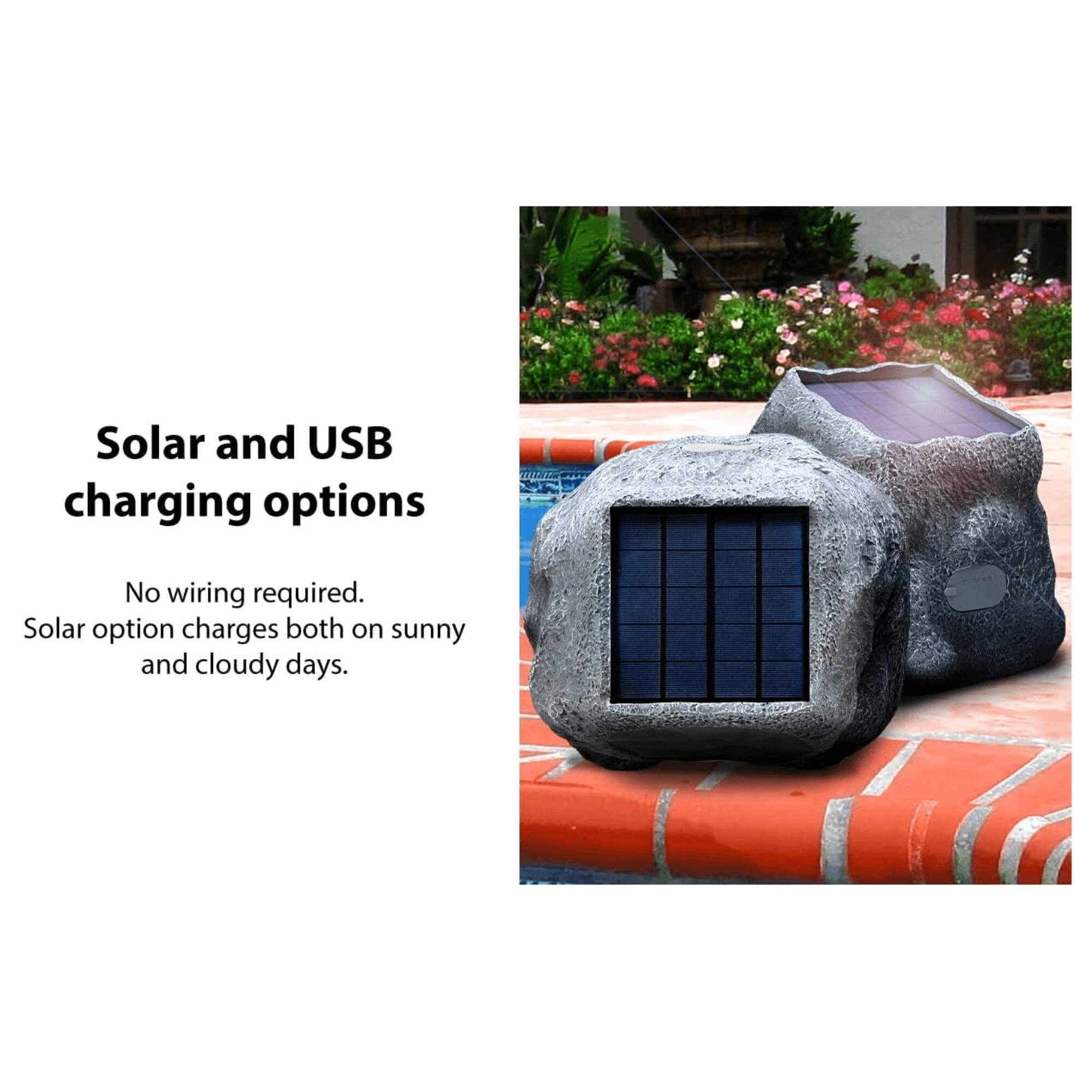 Solar and USB charging options

No wiring required.  
Solar option charges both on sunny and cloudy days.