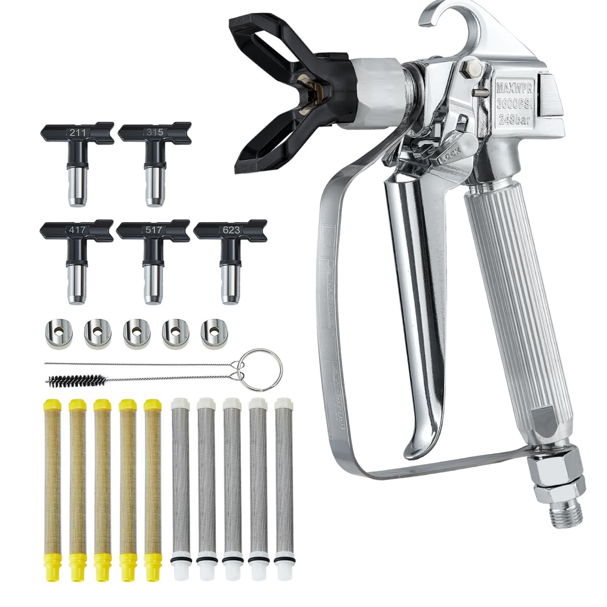 VEVOR - Airless Paint Spray Gun, 3600PSI High Pressure Airless Paint Sprayer Gun with 5 Tips, 211, 315, 417, 517, 623 - Silver and black price history on PriceWatchPro