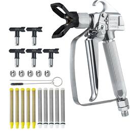VEVOR - Airless Paint Spray Gun, 3600PSI High Pressure Airless Paint Sprayer Gun with 5 Tips, 211, 315, 417, 517, 623 - Silver and black