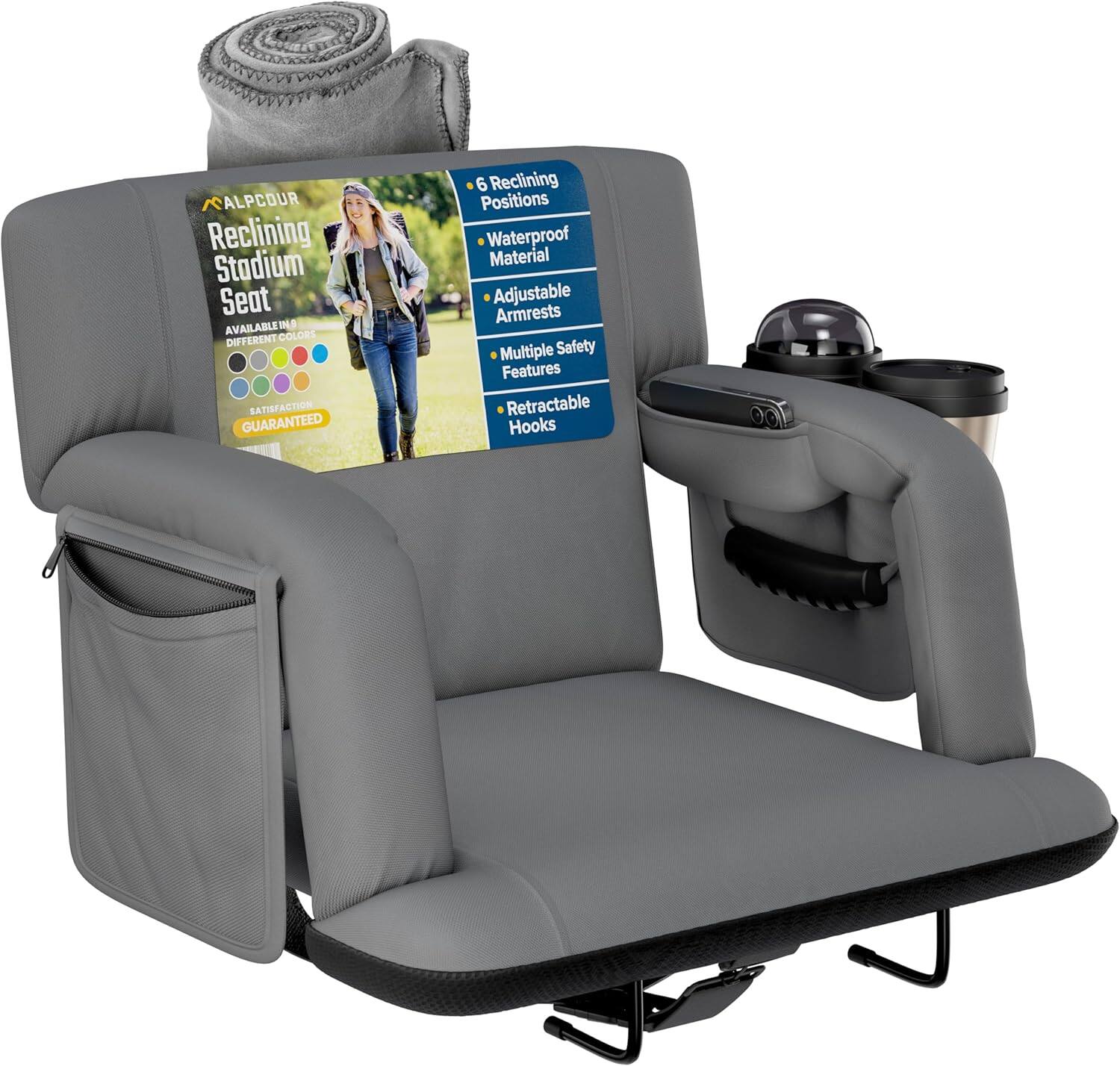 ALPCOUR  
Reclining Stadium Seat  
AVAILABLE IN DIFFERENT COLORS  

SATISFACTION GUARANTEED  

- 6 Reclining Positions  
- Waterproof Material  
- Adjustable Armrests  
- Multiple Safety Features  
- Retractable Hooks