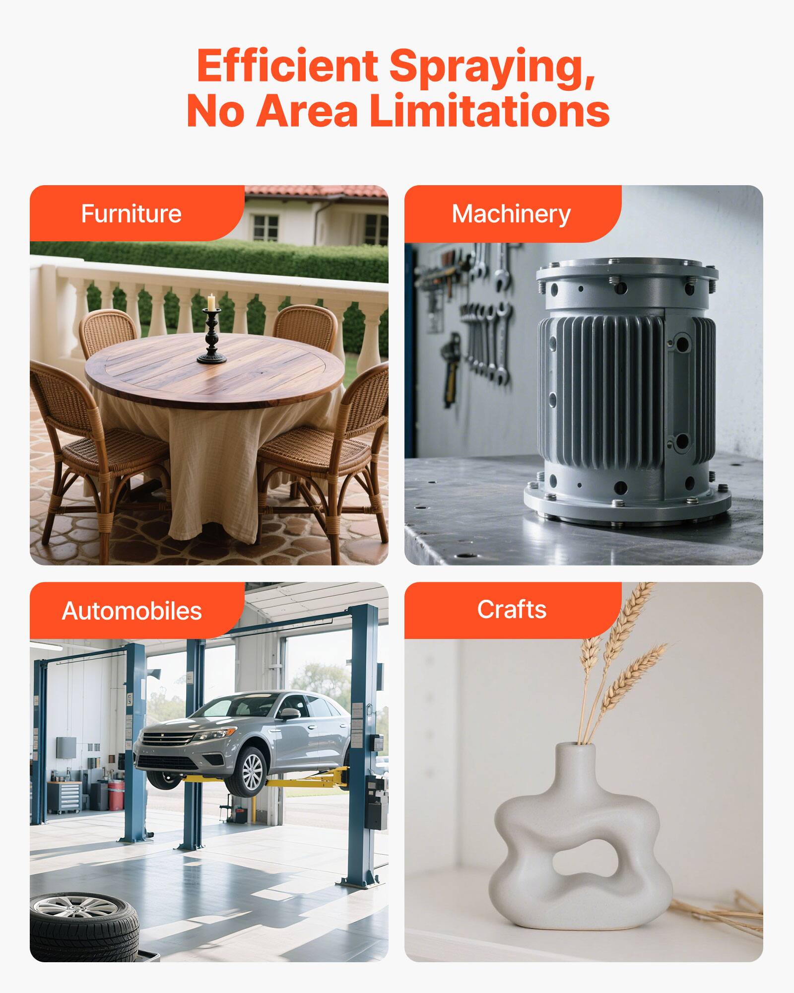 Efficient Spraying, No Area Limitations

- Furniture
- Machinery
- Automobiles
- Crafts