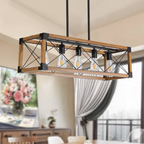 Angle. LUCKY ONE - 32in Hanging Farmhouse Chandelier, 5-Light Walnut Metal Industrial Pendant for Dining Room Kitchen - Walnut.