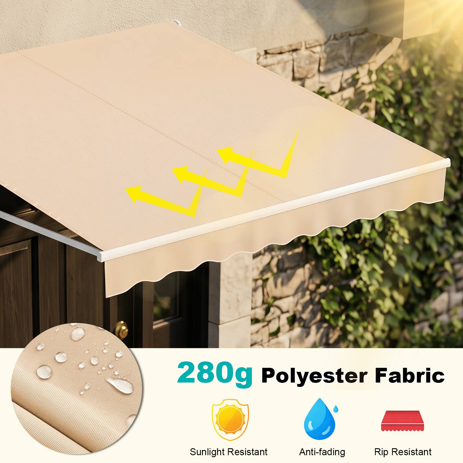 280g Polyester Fabric  
Sunlight Resistant  
Anti-fading  
Rip Resistant