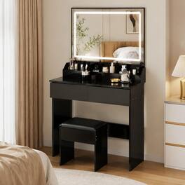 RYHNUYNE - 31 x 20 in LED Mirror Vanity Table Set, Touch Switch, 3 Light Colors, Adjustable Brightness, Storage, Cushioned Stool - Black