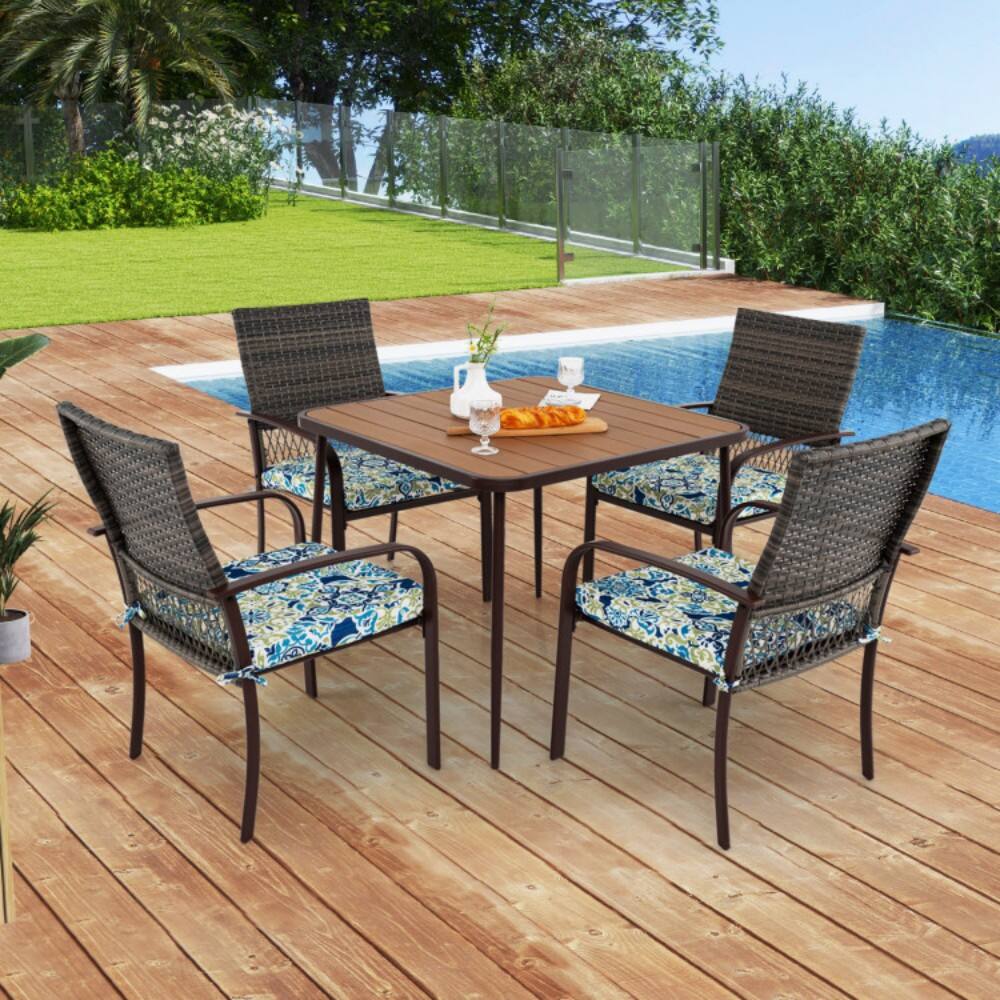 Angle. Mondawe - 5 Pieces Patio Dining Set 4 Cushioned Rattan Armchairs and Square Table - Mix Brown.