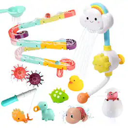 CUTE STONE - 33 PCS Bath Toys for Toddlers, Bathtub Toy Set with Shower, Marble Run, Fishing Game, Floating Dinosaur & Duck Water Toy