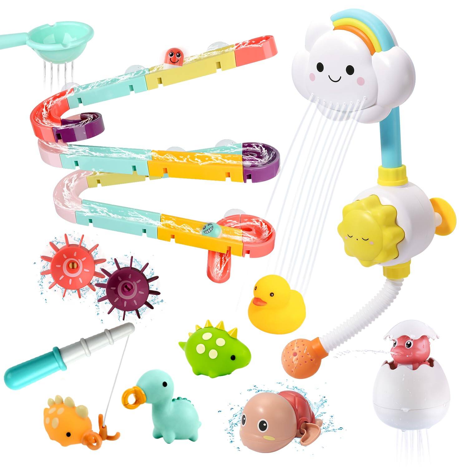 Front. CUTE STONE - 33 PCS Bath Toys for Toddlers, Bathtub Toy Set with Shower, Marble Run, Fishing Game, Floating Dinosaur & Duck Water Toy.
