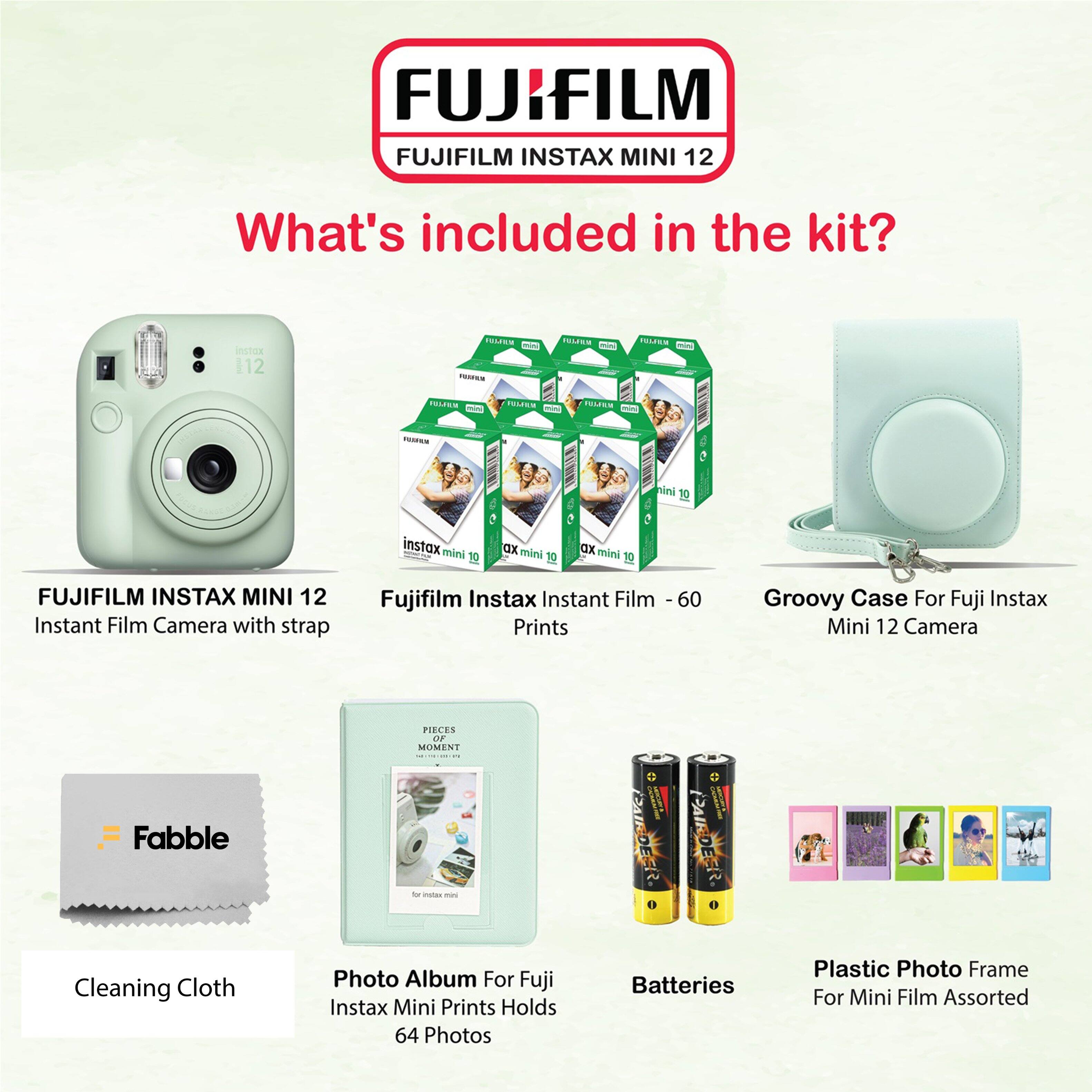 FUJIFILM INSTAX MINI 12

What's included in the kit?

- FUJIFILM INSTAX MINI 12 Instant Film Camera with strap
- Fujifilm Instax Instant Film - 60 Prints
- Groovy Case For Fuji Instax Mini 12 Camera
- Cleaning Cloth
- Photo Album For Fuji Instax Mini Prints Holds 64 Photos
- Batteries
- Plastic Photo Frame For Mini Film Assorted