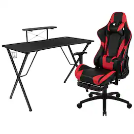 Emma + Oliver - Gaming Desk & Chair Set - Cup Holder, Headphone Hook, and Monitor Stand - Red