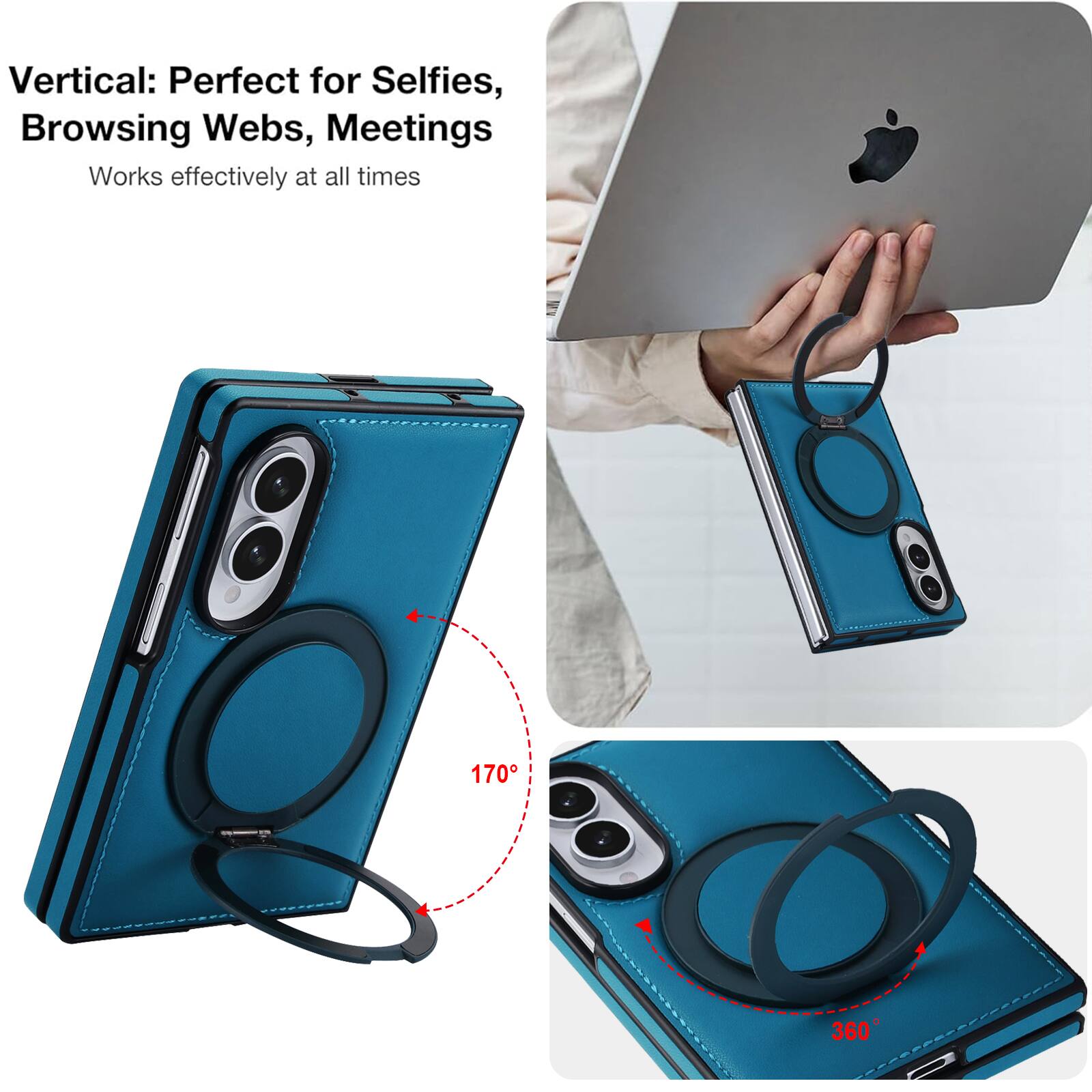 Vertical: Perfect for Selfies, Browsing Webs, Meetings  
Works effectively at all times  

170°  
360°