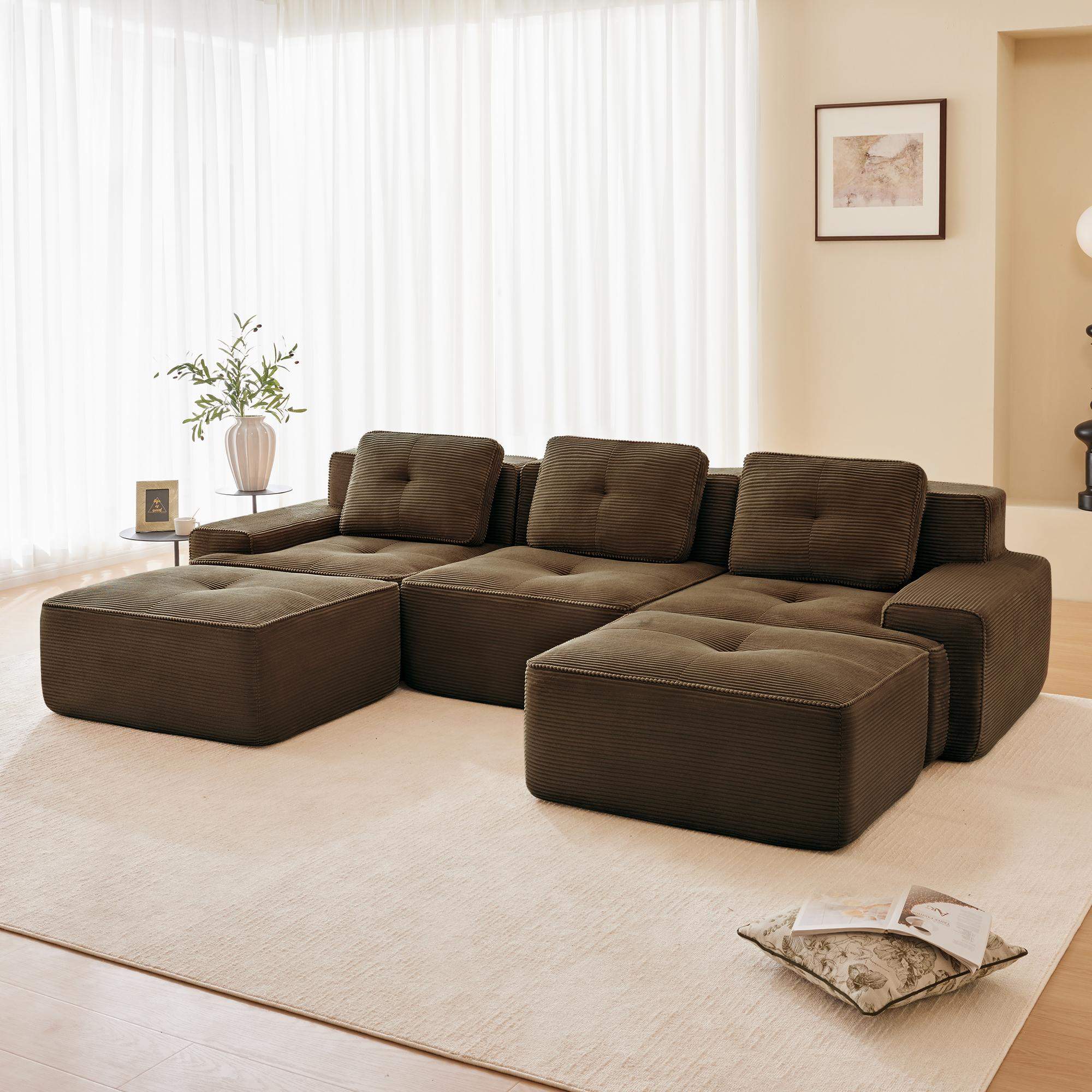 Angle. Roomtec - 117 inch Modern UShaped Modular Sectional Sofa for Living Room Corduroy Fabric 3Seater Couch with Deep Seat and Movable - Brown.