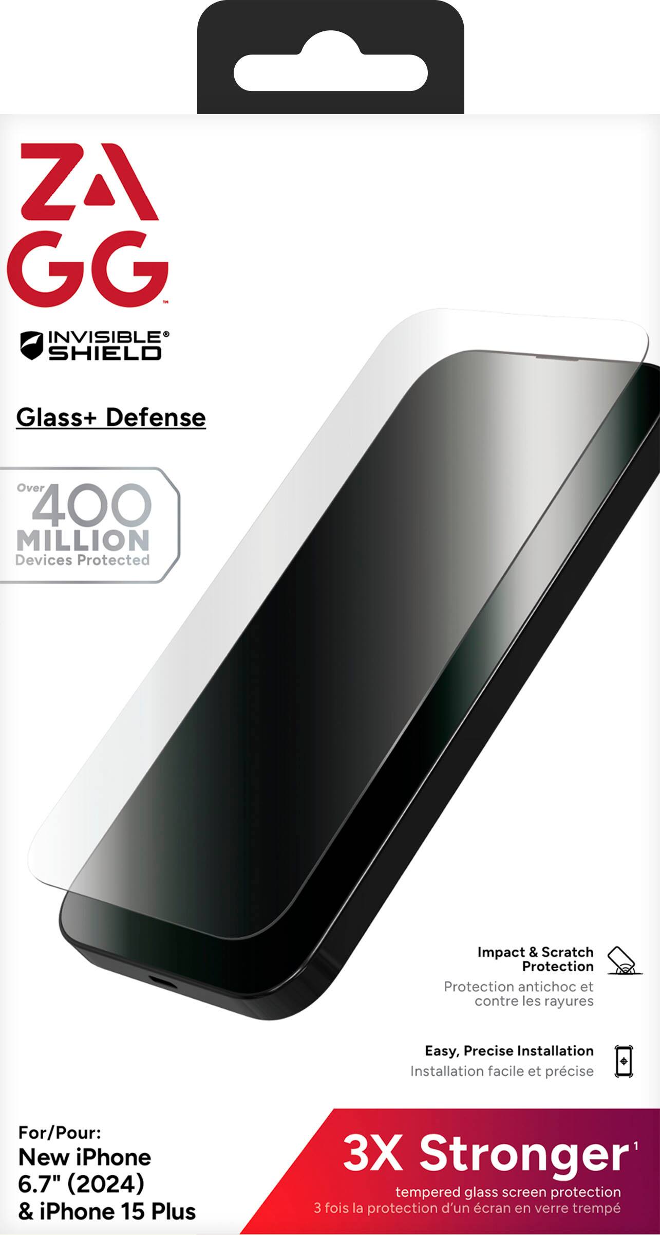 ZAGG INVISIBLE SHIELD Glass+ Defense Over 400 MILLION Devices Protected Impact & Scratch Protection Protection antichoc et contre les rayures Easy, Precise Installation Installation facile et prcise For/Pour: New iPhone 6.7" (2024) & iPhone 15 Plus 3X Stronger' tempered glass screen protection 3 fois la protection d'un cran en verre tremp
