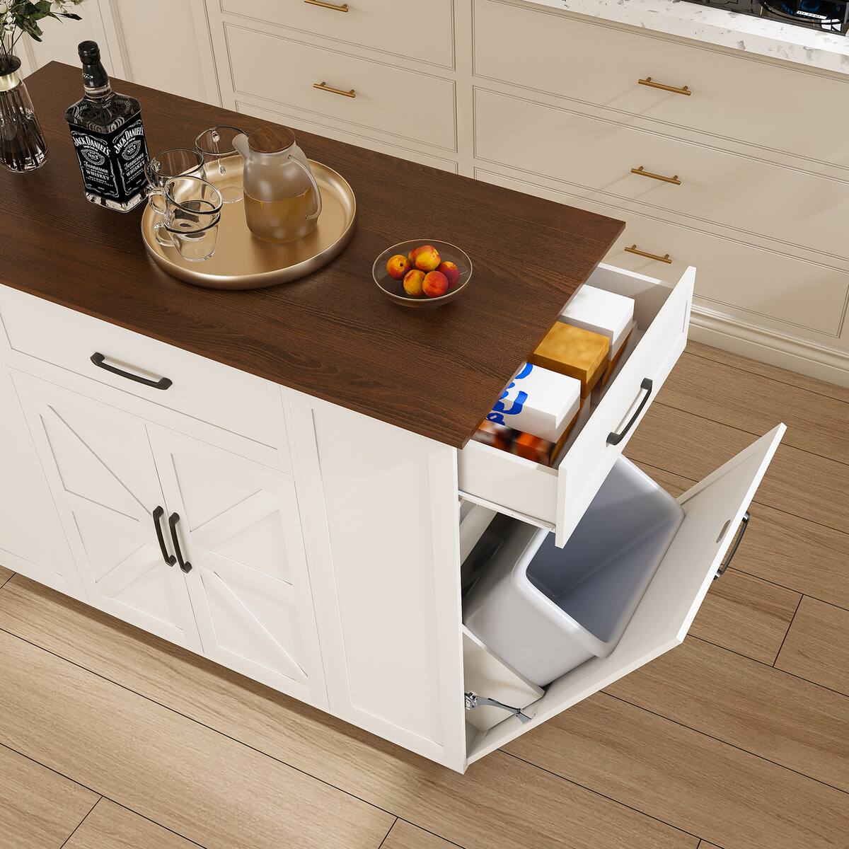 Alt View 1. Spaco - Spaco 46" Kitchen Island on Casters featuring Storage, AC Outlet, Timber Top, Adjustable Shelf for Dining Room - White+Walnut.