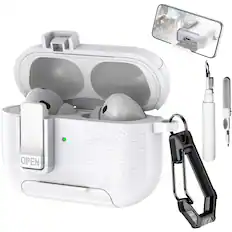 Front. Dteck - Case for Apple Airpods Pro 2nd Gen (2022) with Phone Holder & Keychain,Leather Texture Earbuds Cover for Man Women - White.